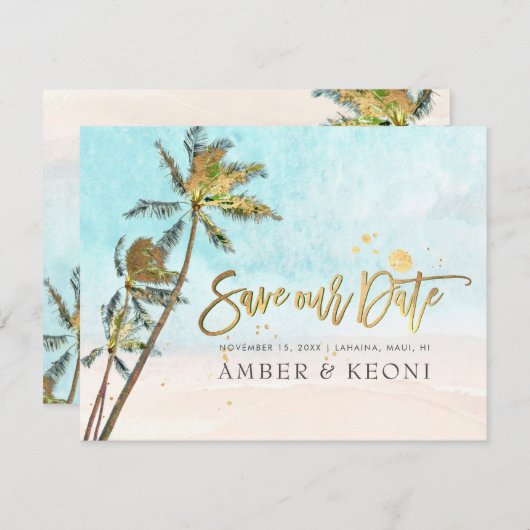 PixDezines Crystal Blue Beach Shoreline Palms  Save The Date (Voorkant / Achterkant)