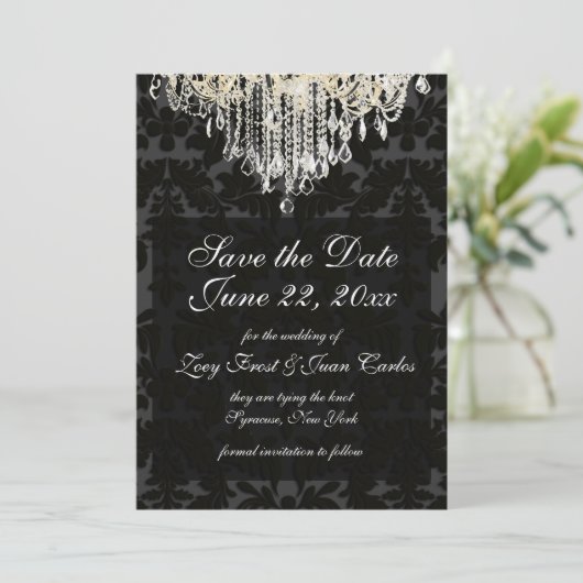 PixDezines crystal chandelier/Baroque Damask Save The Date (Staand voorkant)