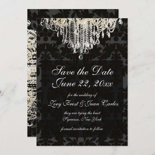 PixDezines crystal chandelier/Baroque Damask Save The Date (Voorkant / Achterkant)