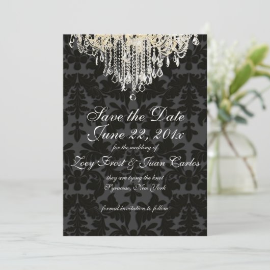 PixDezines crystal chandelier/Baroque Damask Save The Date (Staand voorkant)