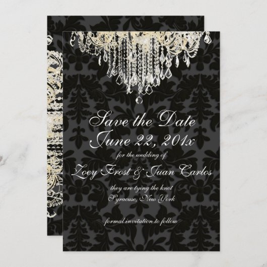 PixDezines crystal chandelier/Baroque Damask Save The Date (Voorkant / Achterkant)