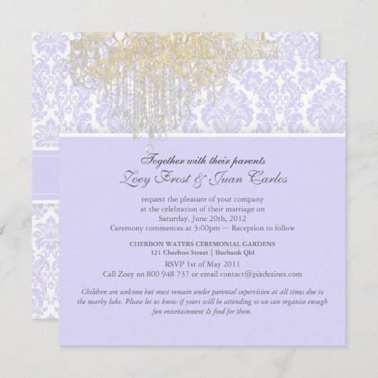 PixDezines Crystal Chandelier+Moiré Damask/paars Kaart (Voorkant / Achterkant)