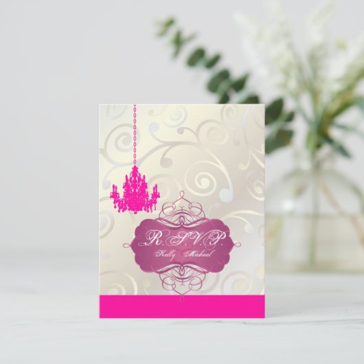 PixDezines Cupcake Swirls + Roze Chandelier RSVP's RSVP Kaartje (Staand voorkant)