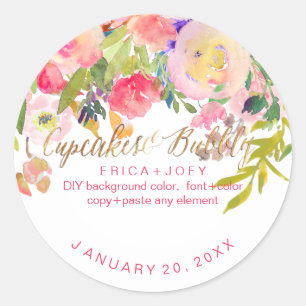 PixDezines Cupcakes + Bubble Waterverf Pioenrozen Ronde Sticker