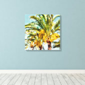 PixDezines Dadelpalmen/Lichtblauw Canvas Afdruk (Insitu (Houten vloer))