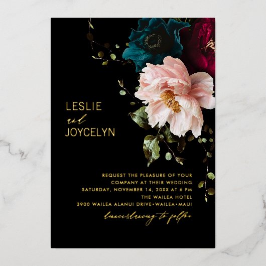 PixDezines Dark Moody Floral Arrangement Folie Uitnodiging (Voorkant)