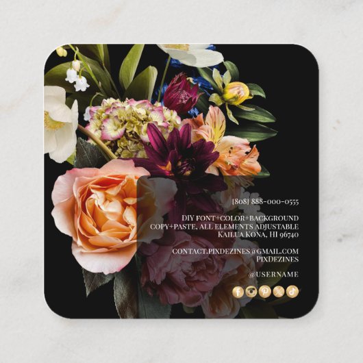 PixDezines Dark Moody Flowers Vierkante Visitekaartje (Achterkant)