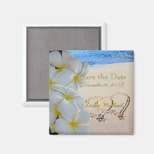 PixDezines datum opslaan, strand + plumeria + hart Magneet (Voorkant / Achterkant)