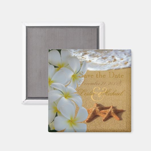 PixDezines datum opslaan, strand + plumeria + zees Magneet (Voorkant / Achterkant)