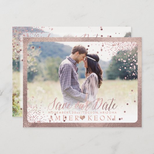 PixDezines Dazzled Faux Roos Gold Confetti Aankondigingskaart (Voorkant / Achterkant)