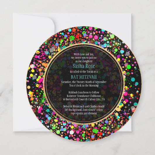 PixDezines Dazzled/Neon Confetti/Bat Mitzvah Kaart (Achterkant)