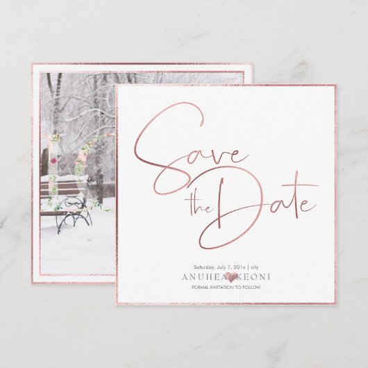 PixDezines DELICTEREN VERLIES FAUX ROOS GOLD FOIL Save The Date (Voorkant / Achterkant)