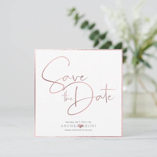 PixDezines DELICTEREN VERLIES FAUX ROOS GOLD FOIL Save The Date (Staand voorkant)