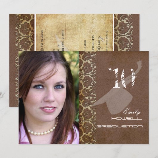 PixDezines Desiree Damask+Swirls Afstuderen Kaart (Voorkant / Achterkant)