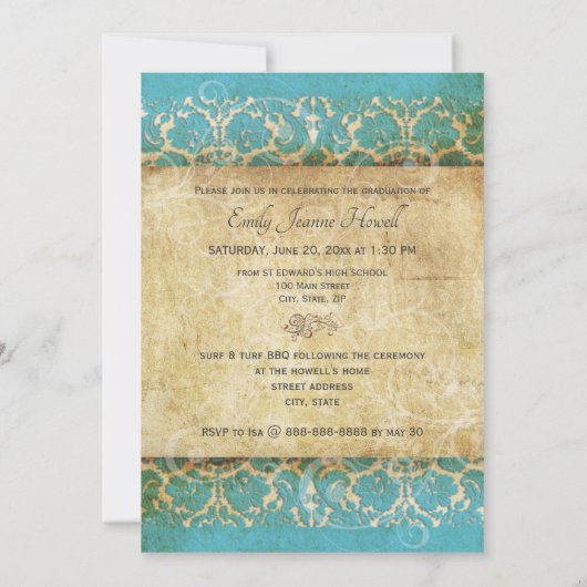 PixDezines Desiree Damask/ turquoise Kaart (Achterkant)