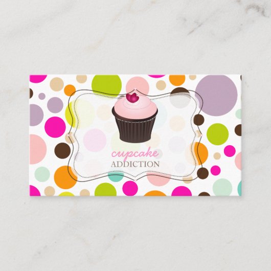 PixDezines dij cupcake+regenboogpolka-punten Visitekaartje (Voorkant)