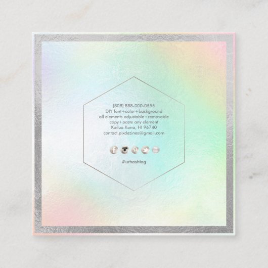 PixDezines DIY Faux Zilver Monogram Holografisch Vierkante Visitekaartje (Achterkant)