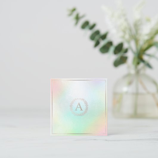 PixDezines DIY Faux Zilver Monogram Holografisch Vierkante Visitekaartje (Staand voorkant)