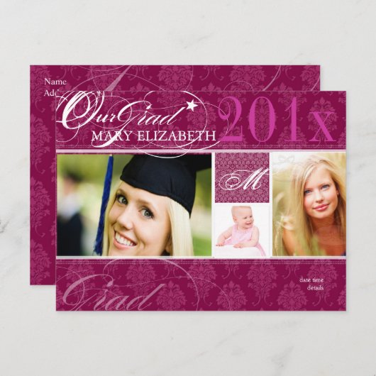 PixDezines DIY kleur, Damask Afstuderen Uitnodiging Briefkaart (Voorkant / Achterkant)