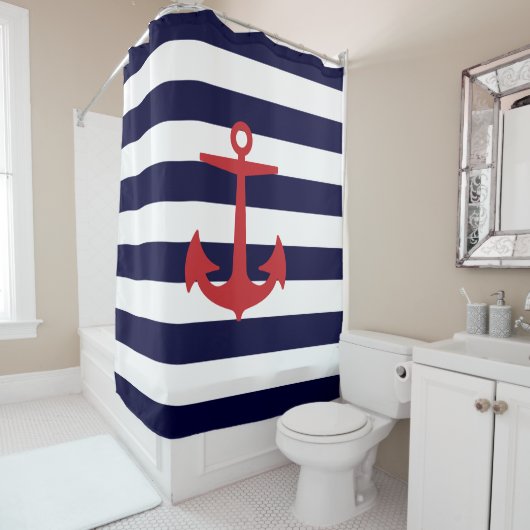 PixDezines DIY-kleur Nautical Stripes/Red Anchor Douchegordijn (In situ)