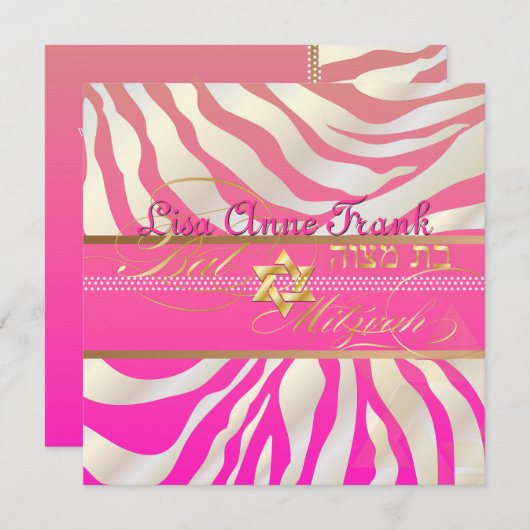 PixDezines DIY-kleur/roze Zebra, BBT Mitzvah Kaart (Voorkant / Achterkant)