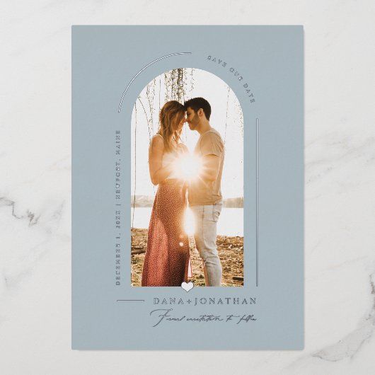 PixDezines DIY kleur Stusty Blue Arch Save Date Folie Uitnodiging (Voorkant)