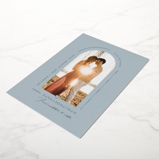 PixDezines DIY kleur Stusty Blue Arch Save Date Folie Uitnodiging (Gedraaid)