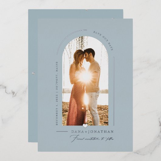 PixDezines DIY kleur Stusty Blue Arch Save Date Folie Uitnodiging (Voorkant / Achterkant)