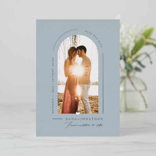 PixDezines DIY kleur Stusty Blue Arch Save Date Folie Uitnodiging (Staand Voorkant)