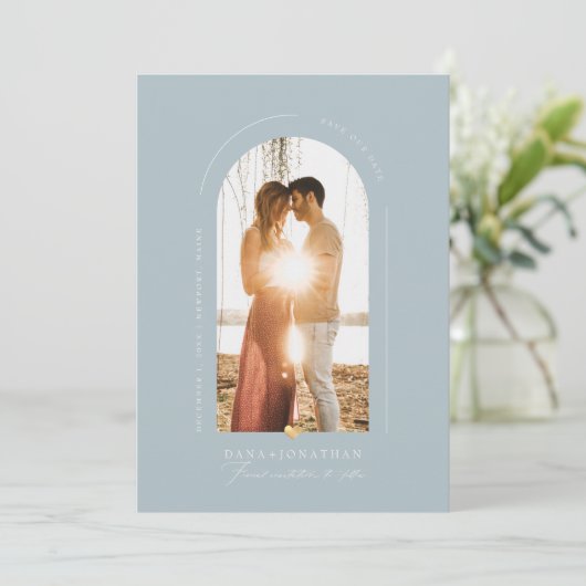 PixDezines DIY kleur Stusty Blue Arch Save Date Kaart (Staand voorkant)