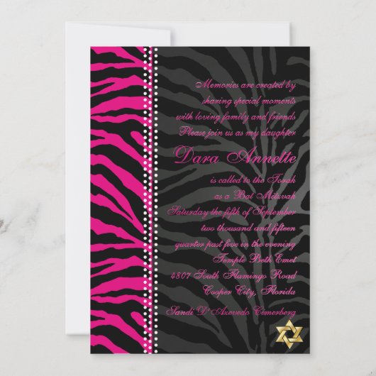 PixDezines DIY kleuren Roze Zebra, Bat Mitzvah Kaart (Achterkant)