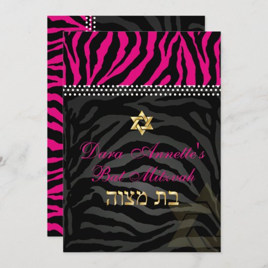 PixDezines DIY kleuren Roze Zebra, Bat Mitzvah Kaart (Voorkant / Achterkant)