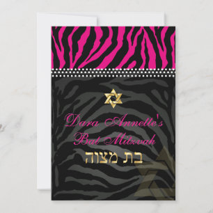 PixDezines DIY kleuren Roze Zebra, Bat Mitzvah Kaart