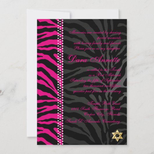 PixDezines DIY-kleuren Roze Zebra, BBT Mitzvah Kaart (Achterkant)