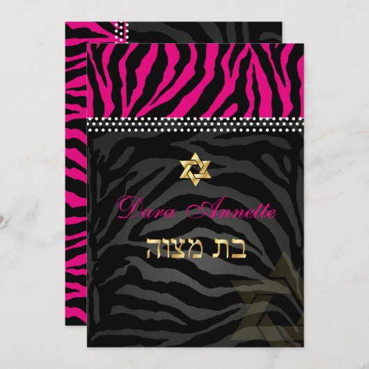 PixDezines DIY-kleuren Roze Zebra, BBT Mitzvah Kaart (Voorkant / Achterkant)