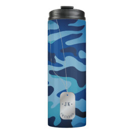 PixDezines Dogtag Monogram Marine Blauw Camouflage Thermosbeker