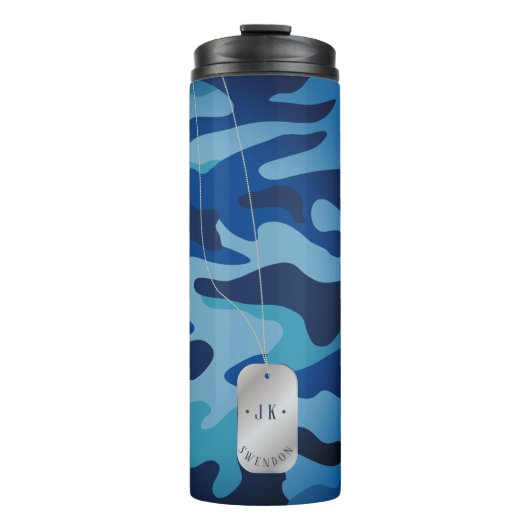 PixDezines Dogtag Monogram Marine Blue Camouflage Thermosbeker (Voorkant)