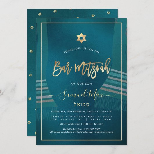 PixDezines Donkere Teal+Goud Talitz Bar Mitzvah Kaart (Voorkant / Achterkant)