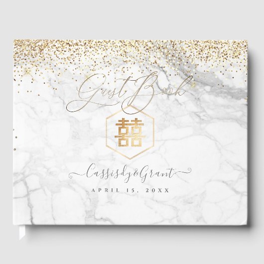 PixDezines Double Happiness Marble+Gold Glitter Gastenboek (Voorkant)