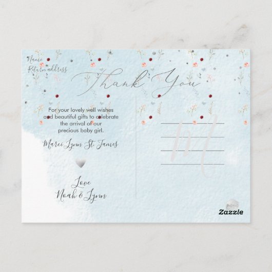 PixDezines Douche Dank u Bloemen Waterverf Briefkaart (Achterkant)