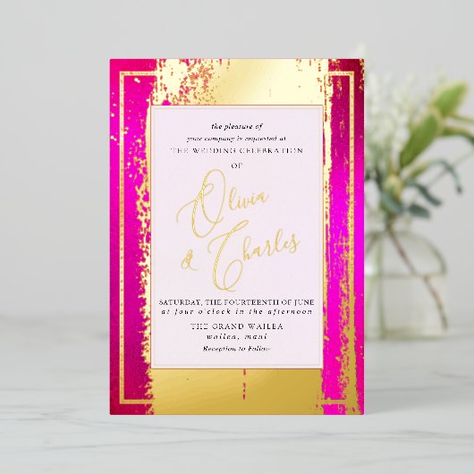 PixDezines Dubbel Geluk Heet Roze In Echt Folie Uitnodiging (Staand Voorkant)