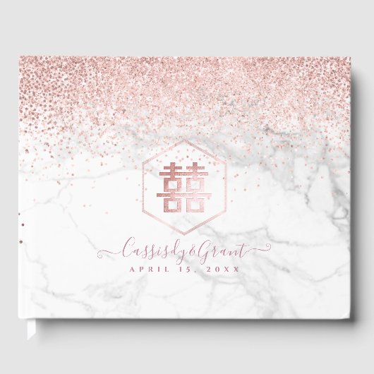 PixDezines Dubbel Geluk Marmer Roze Goud Gastenboek (Voorkant)