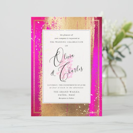 PixDezines Dubbelgeluk, Faux Gold Hot Pink Kaart (Staand voorkant)