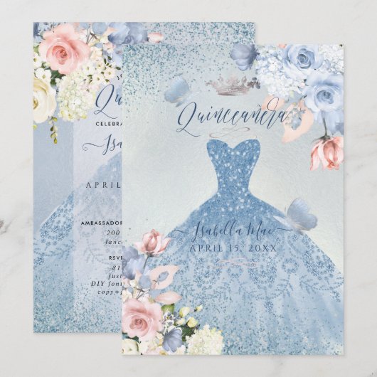 PixDezines Dusty Blue Blush Rozen Quinceanera Kaart (Voorkant / Achterkant)