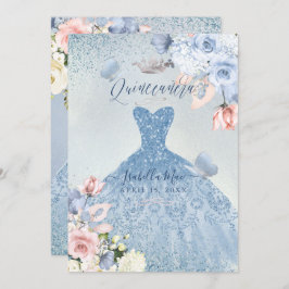 PixDezines Dusty Blue Blush Rozen Quinceanera Kaart