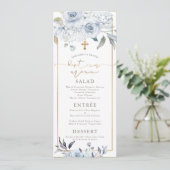 PixDezines Dusty Blue H2 Flowers Baptism Menu Kaart (Staand voorkant)