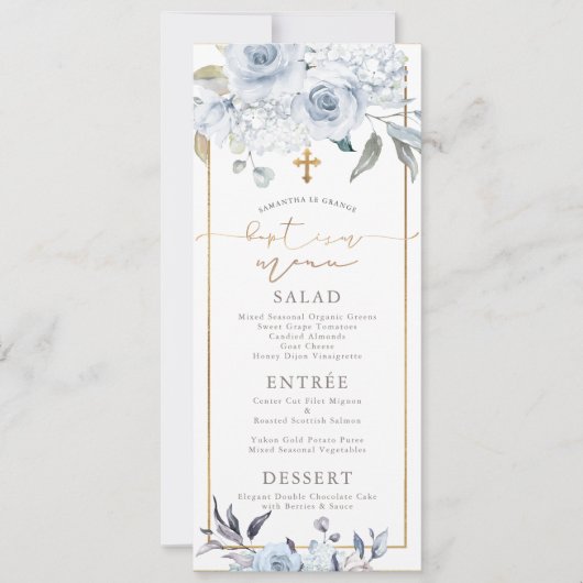 PixDezines Dusty Blue H2 Flowers Baptism Menu Kaart (Voorkant)
