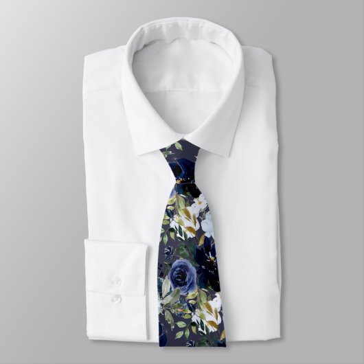 PixDezines Dusty Blue Navy Blue Waterverf Flower Stropdas (Gebonden)