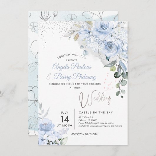 PixDezines Dusty Blue Rozen Faux Silver Glitter Kaart (Voorkant / Achterkant)