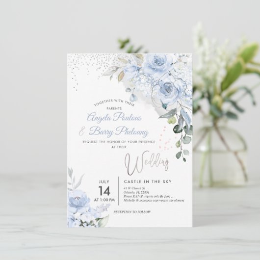 PixDezines Dusty Blue Rozen Faux Silver Glitter Kaart (Staand voorkant)
